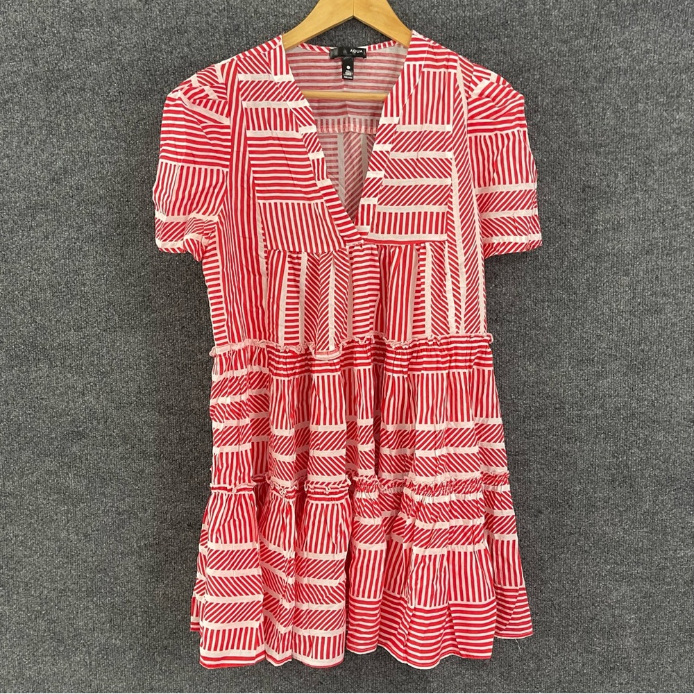 AQUA Women’s Mini Dress Size Large Red White Striped Print V Neck Ruffle Hem - Picture 2 of 7